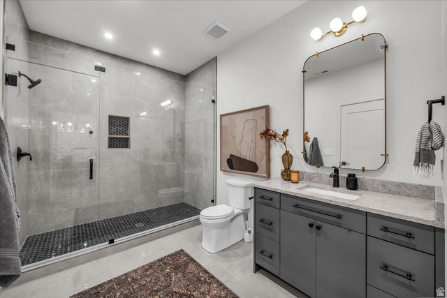 2152 South 30 West Orem, UT 84058 - Photo 36 of 56 Full bath with vanity, a shower stall, and recessed lighting