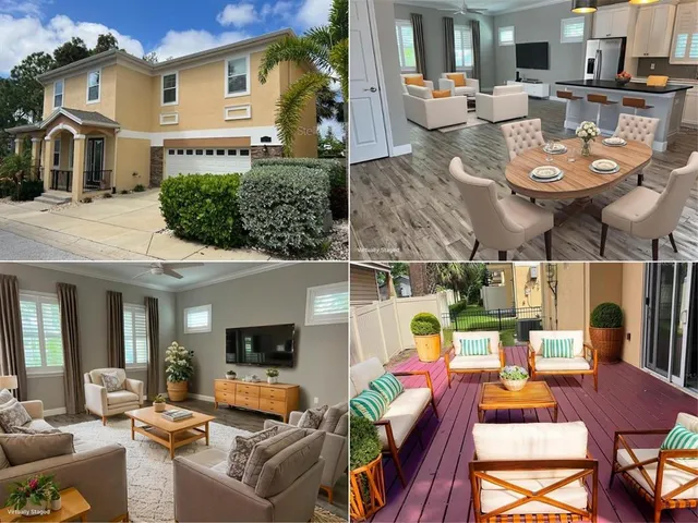 a view of a patio with couches table and chairs and potted plants