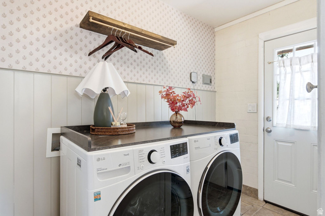 1709 Meadowmoor Road Holladay, UT 84117 - Photo 23 of 32 Laundry area featuring a built-in countertop, paneling, and patterned wallpaper