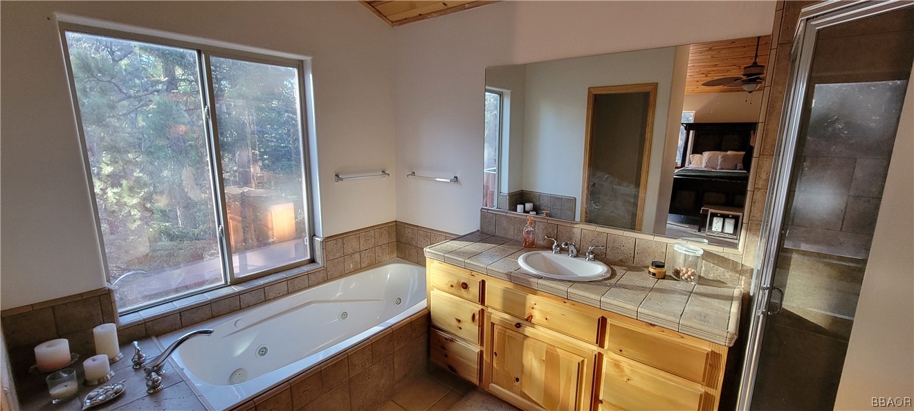 1685 Angels Camp Road Big Bear City, CA 92314 - Photo 20 of 35 a bathroom with a granite countertop sink a mirror and shower