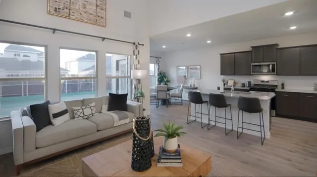 a living room with furniture and a potted plant