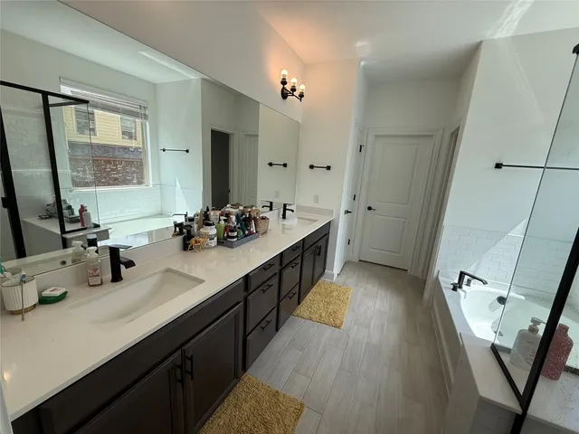 a bathroom with a double vanity sink a mirror and a shower