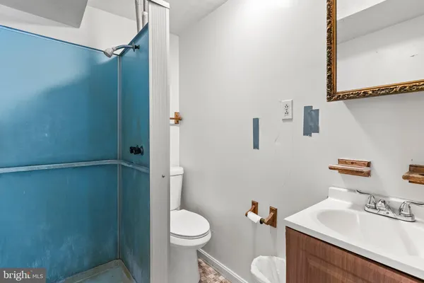 a bathroom with a sink a toilet a shower and a mirror