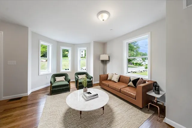 a living room with furniture potted plant and a window
