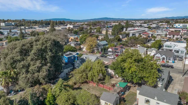 an aerial view of residential houses with outdoor space and trees