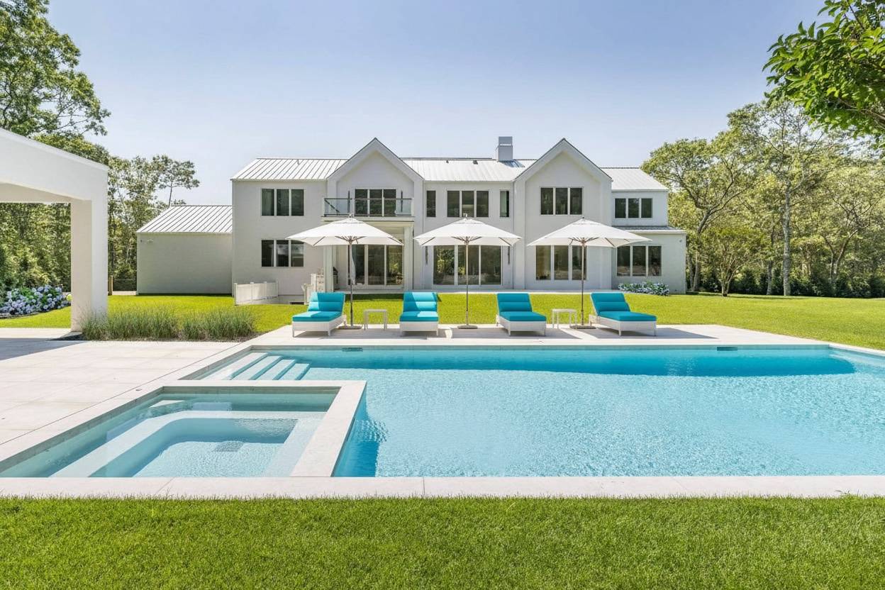 2069 Deerfield Road Sag Harbor, NY 11963 - Photo 2 of 37 a view of an white house with a swimming pool and yard