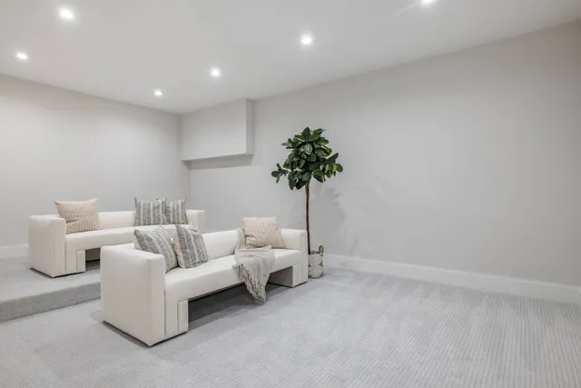 a living room with furniture and a potted plant