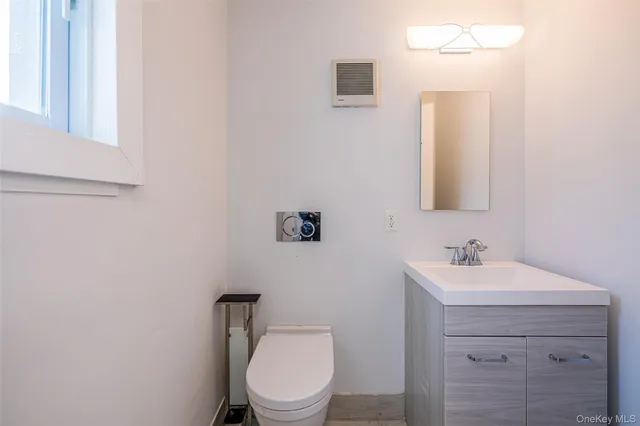 a bathroom with a sink a toilet and mirror