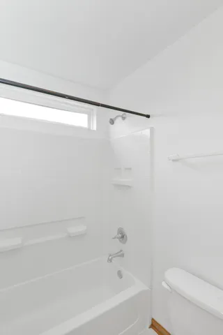 a bathroom with a shower and a toilet