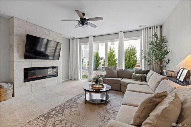 a living room with furniture a flat screen tv and a fireplace