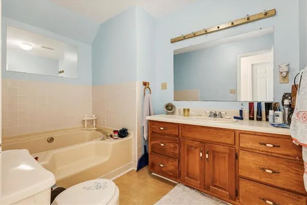 a bathroom with a tub sink toilet and mirror