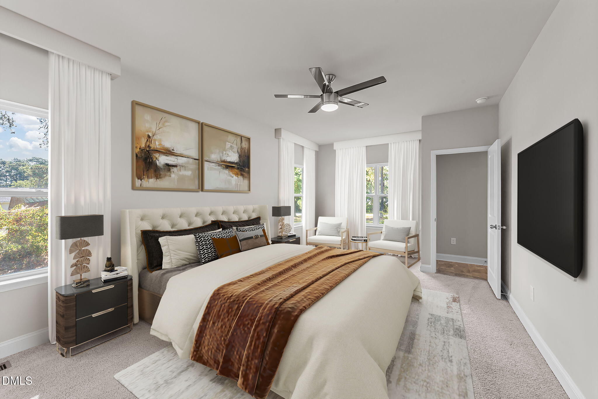 2504 Fleming Road Fuquay-Varina, NC 27526 - Photo 21 of 41 a bedroom with a bed a couch and a flat tv screen on the dresser