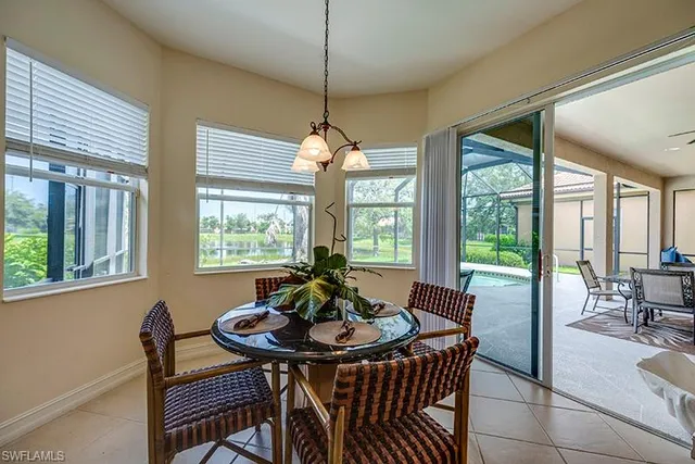 a view of a dining room with furniture window and outside view