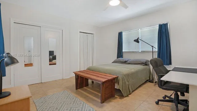 a bedroom with a bed and a table in it