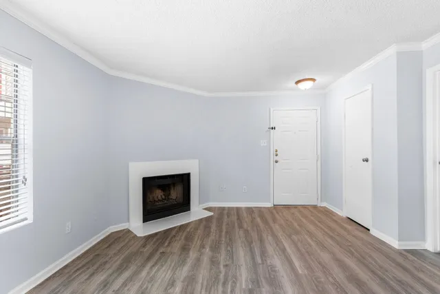a view of empty room with wooden floor and fireplace