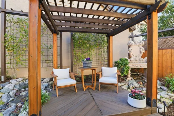 a view of a roof deck with wooden floor and seating space