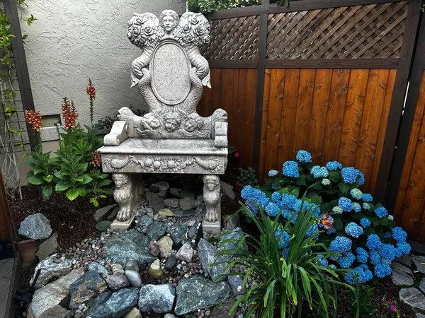 a view of a backyard with plants and a patio