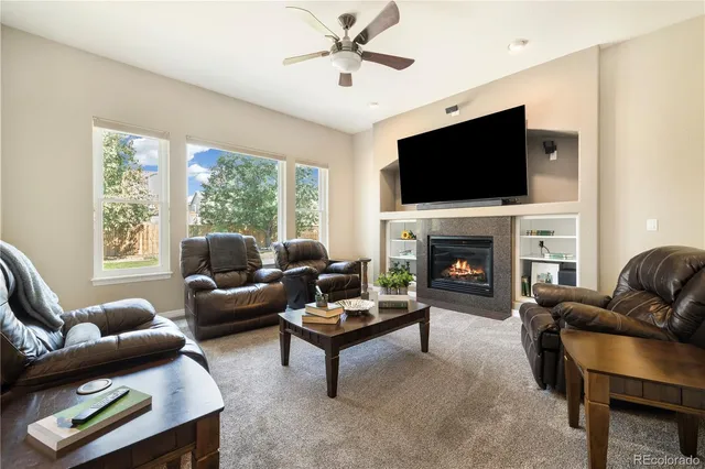 a living room with furniture a flat screen tv and a fireplace