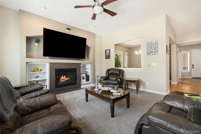 a living room with furniture a flat screen tv and a fireplace