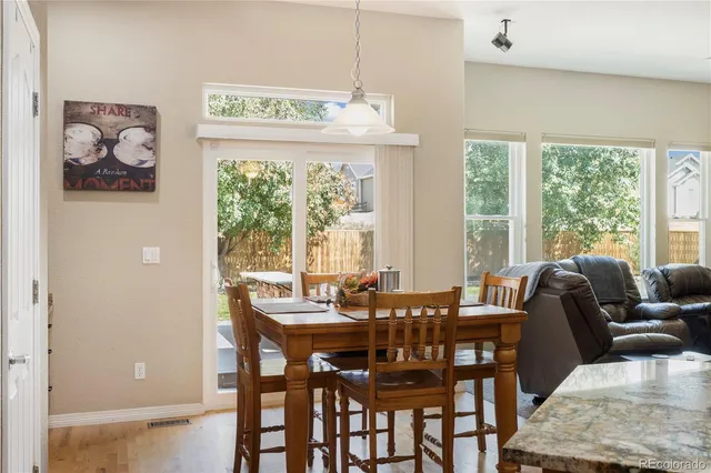 a view of a dining room with furniture window and outside view