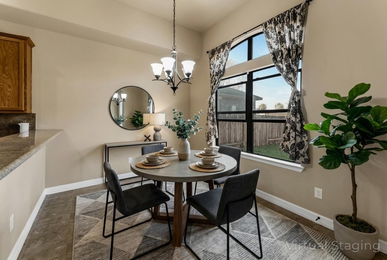 723 Audra Lane Spring, TX 77386 - Photo 15 of 35 a view of a dining room with furniture a chandelier and wooden floor