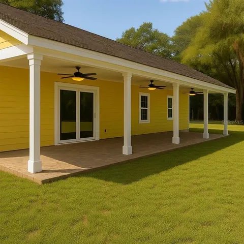 an aerial view of a houses with a yard
