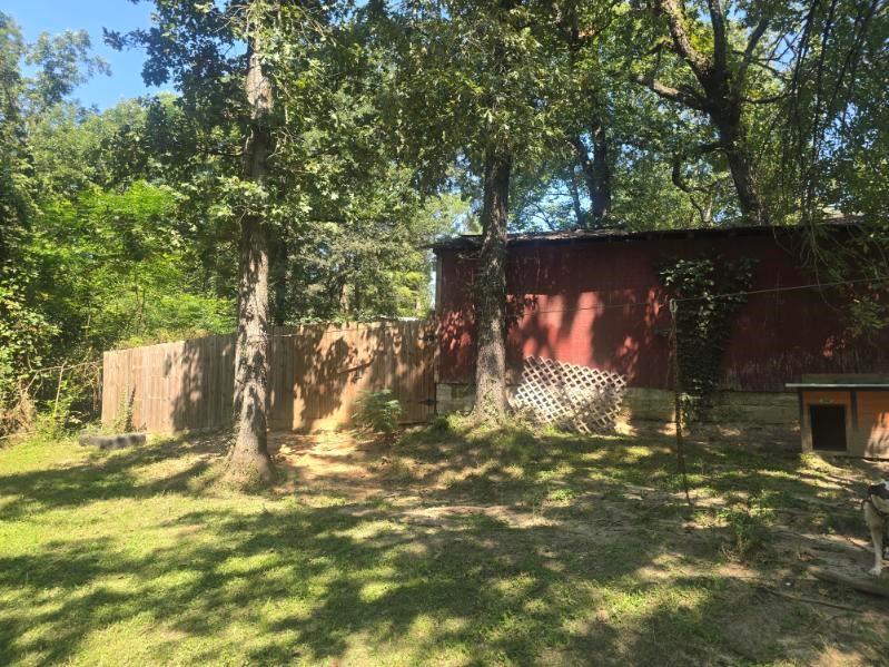390 Campground Road Trinity, TX 75862 - Photo 22 of 37 Expansive outdoor space featuring mature trees, a wooden privacy fence, and a red structure with a metal roof
