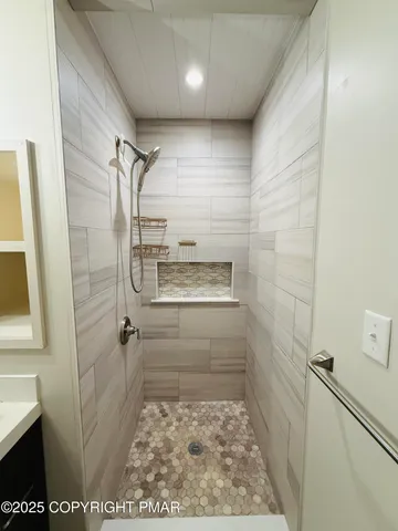 a bathroom with a shower and a sink
