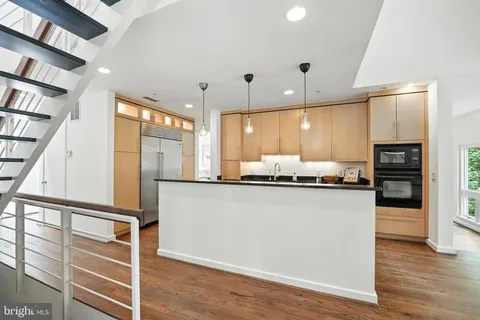 a view of a chandelier in a room