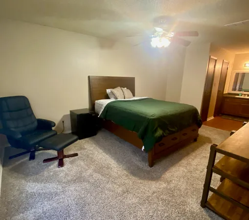 a bedroom with a bed and a chair