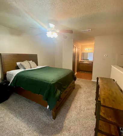 a bedroom with a bed and a view of bathroom