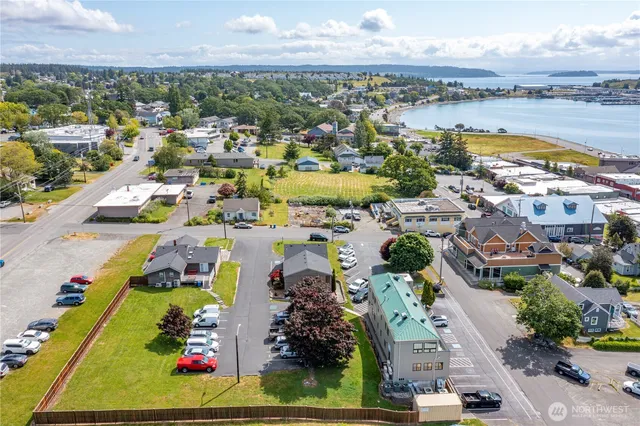 an aerial view of residential building and lake