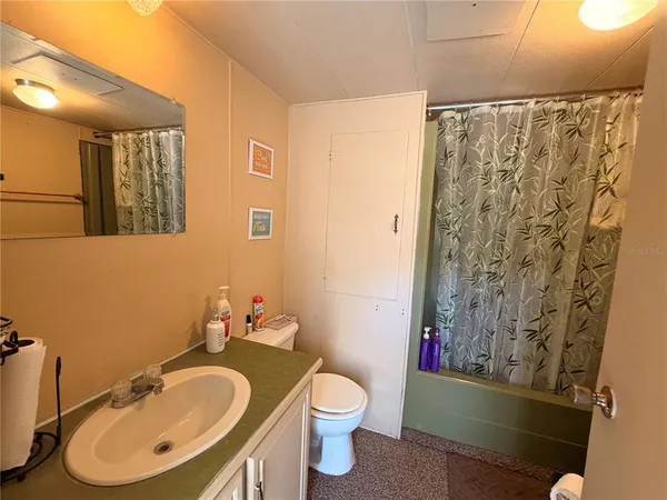 a bathroom with a sink a toilet and shower curtain