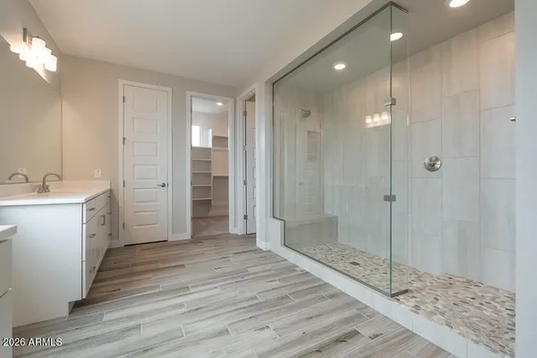 a bathroom with a sink shower and a mirror