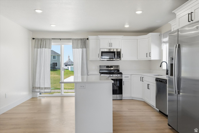 730 West 500 North Smithfield, UT 84335 - Photo 10 of 46 Modern kitchen featuring white cabinetry, stainless steel appliances, light-toned wood-finish flooring, recessed lighting, and a center island