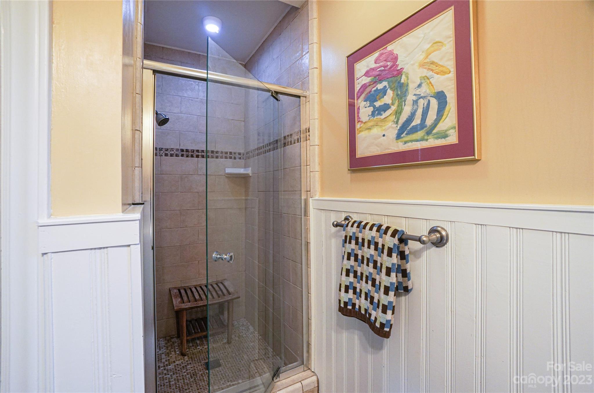 5319 Robinhood Road Charlotte, NC 28211 - Photo 18 of 26 a bathroom with a picture of a shower curtain