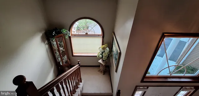 a view of a hallway with paintings on the wall