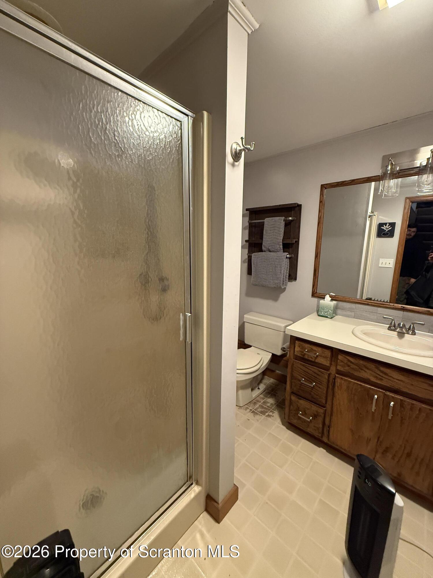 155 Hickory Hill Road Starrucca, PA 18462 - Photo 42 of 46 a bathroom with a granite countertop sink a toilet and shower