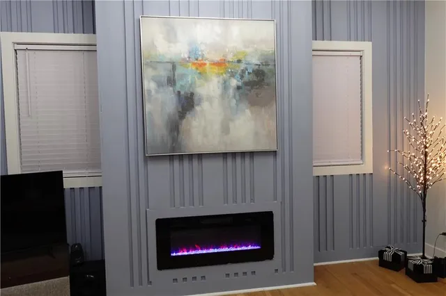 a room with a fireplace