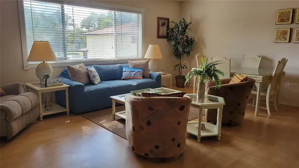 a living room with furniture and a potted plant