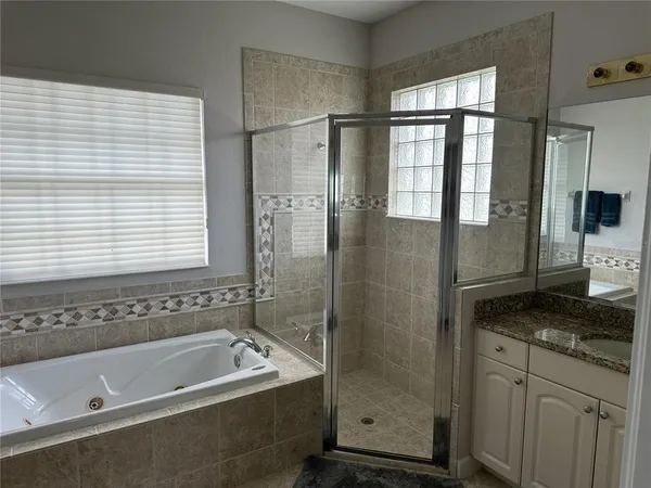 a bathroom with a granite countertop bathtub shower sink and mirror