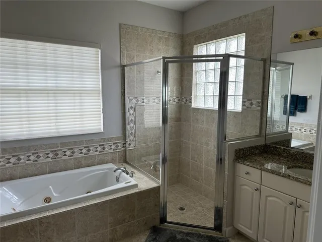 a bathroom with a granite countertop bathtub shower sink and mirror
