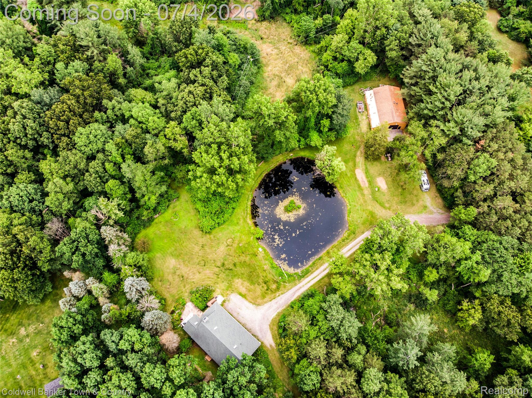 7335 Richardson Road Howell, MI 48843 - Photo 46 of 54 Private property featuring a central pond with a small island, surrounded by abundant mature trees
