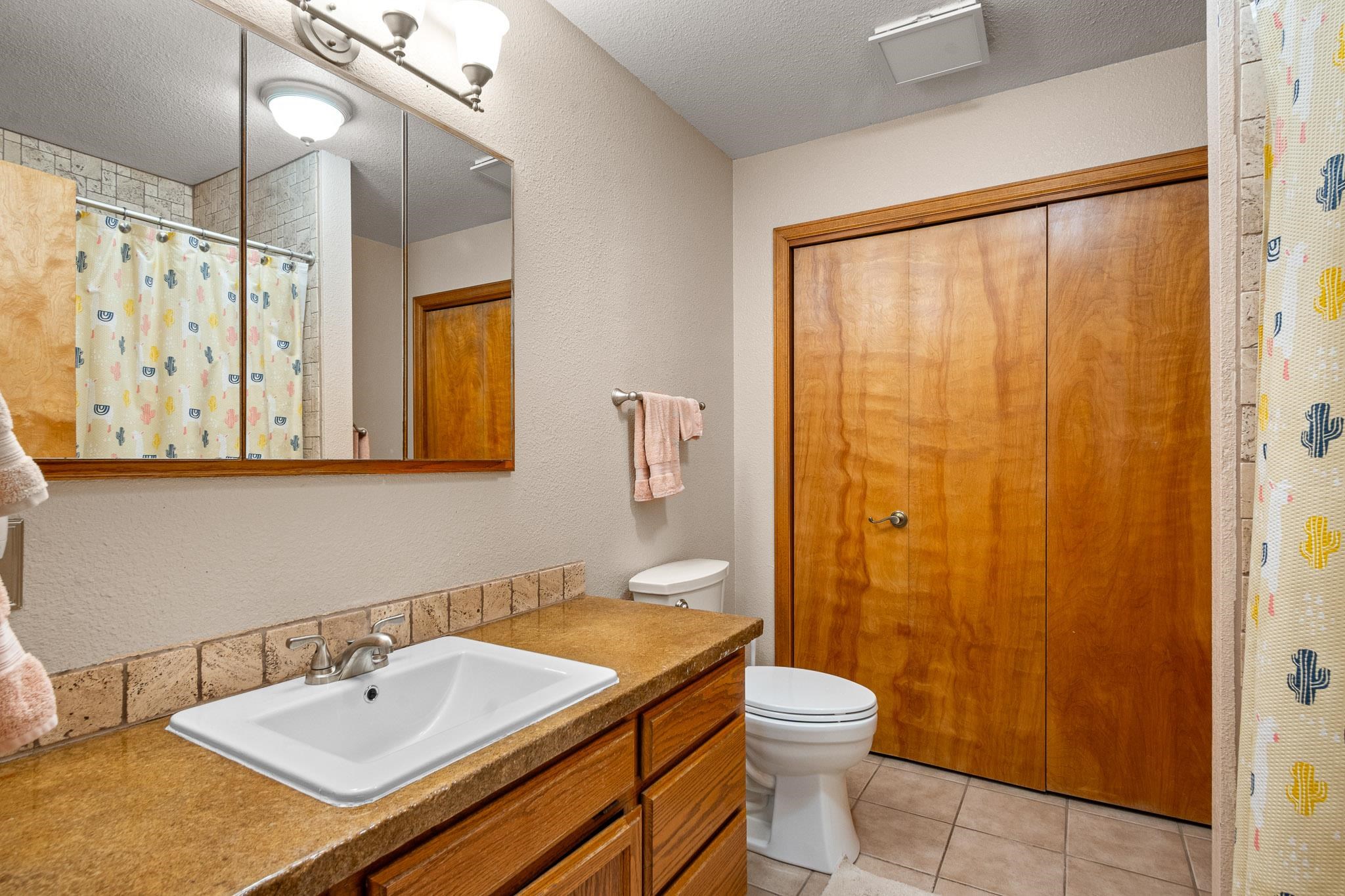 1185-17 17 1/2 Road Fruita, CO 81521 - Photo 14 of 35 a bathroom with a granite countertop sink toilet a mirror a vanity and shower