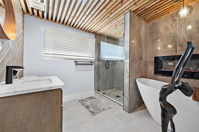 a bathroom with a sink a mirror and a shower