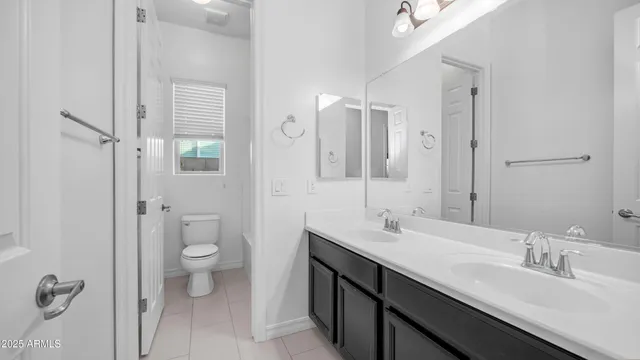 a bathroom with a double vanity sink toilet mirror and shower
