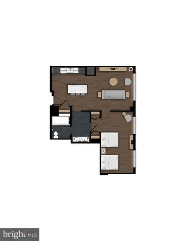 a living room with furniture and a view of kitchen