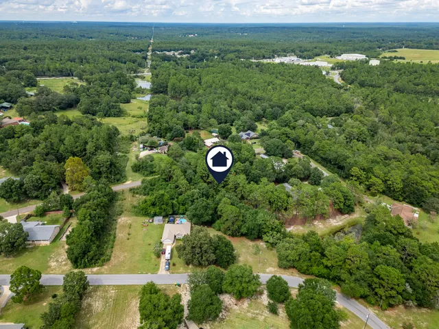 a view of a green yard with large trees