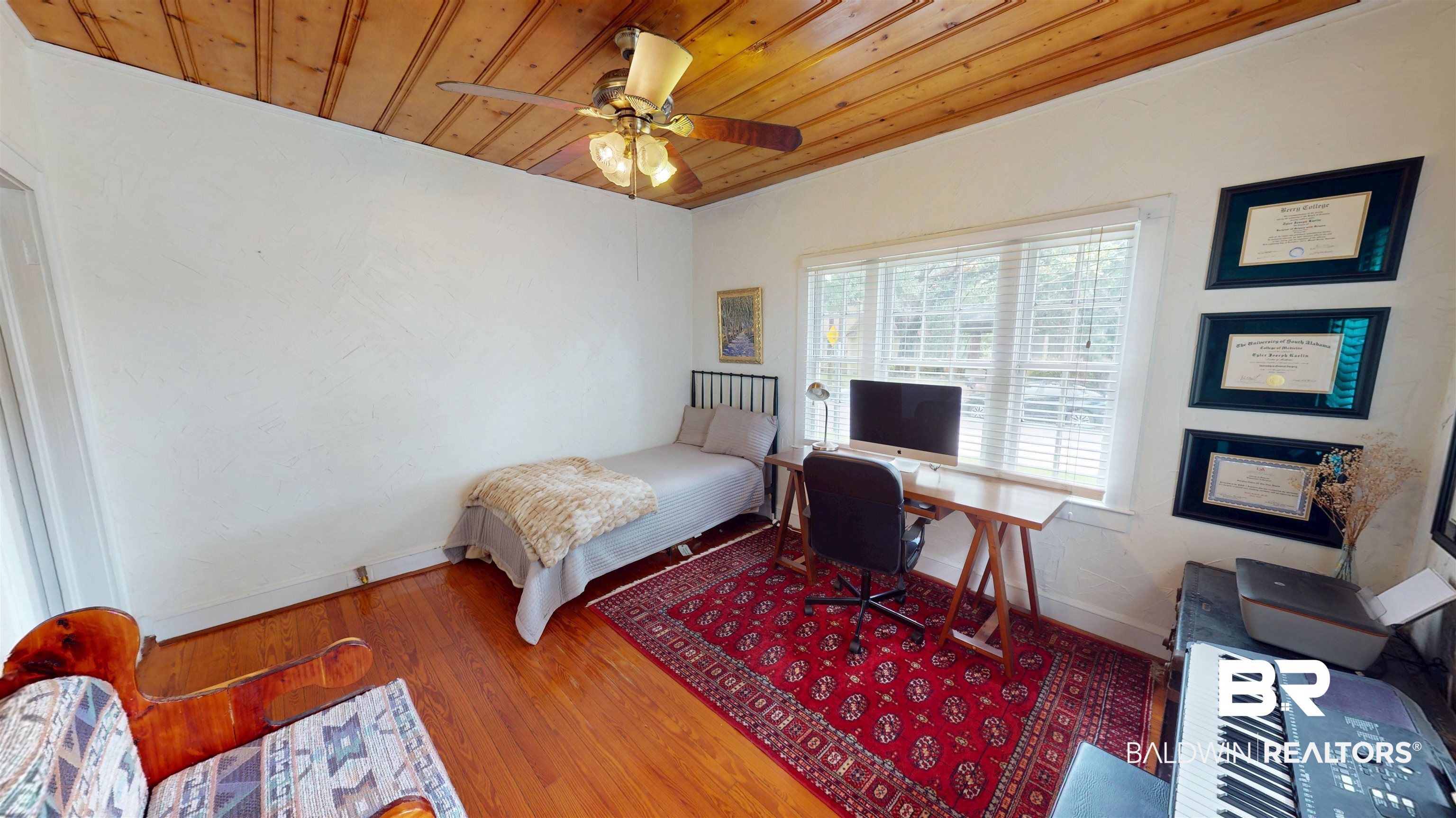266 Westwood Street Mobile, AL 36606 - Photo 24 of 34 Bedroom featuring wooden ceiling, a desk, wood finished floors, and ceiling fan