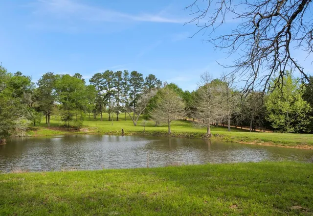 a view of a lake with houses in the background